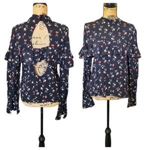 Medium Flynn Skye Cherry Print Ruffled Black Blouse With Back Cut Outs